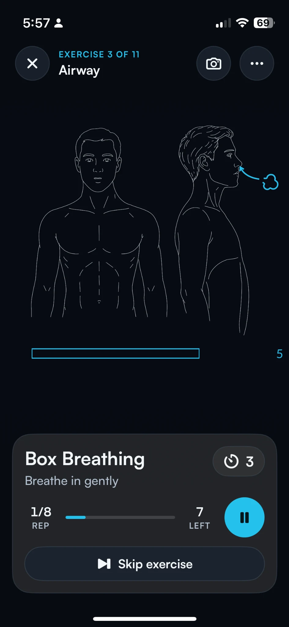 Night & Air Box Breathing exercise screen with an illustrated movement and guided session controls.