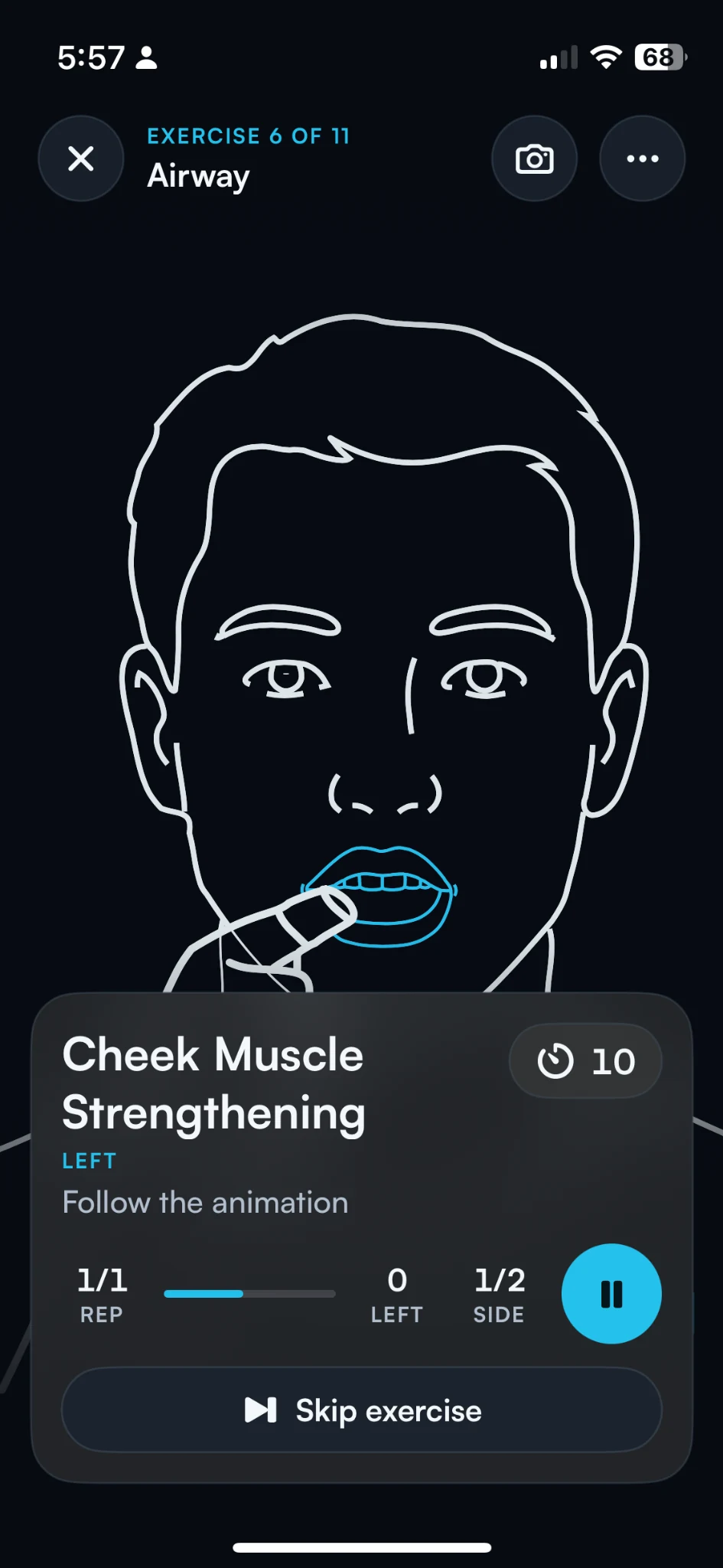 Night & Air Cheek Muscle Strengthening exercise screen with an illustrated movement and guided session controls.