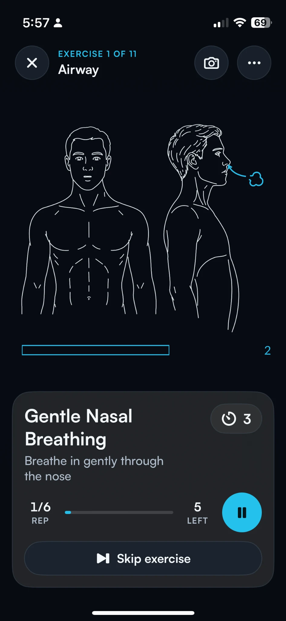 Night & Air Gentle Nasal Breathing screen with an illustrated breathing cue and session controls.