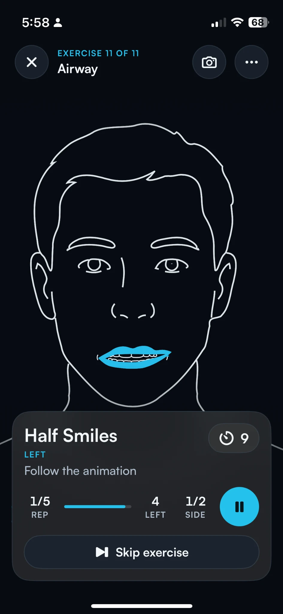 Night & Air Half Smiles exercise screen with an illustrated movement and guided session controls.