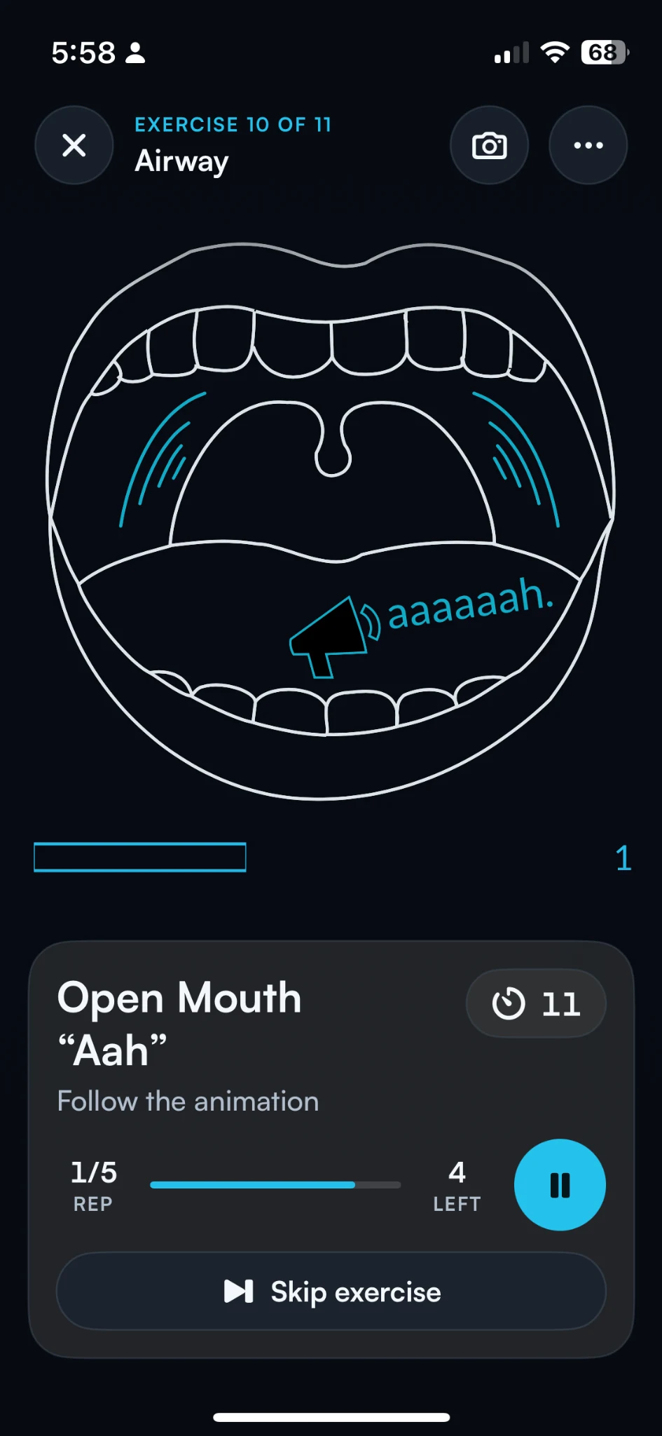 Night & Air Open Mouth “Aah” exercise screen with an illustrated movement and guided session controls.