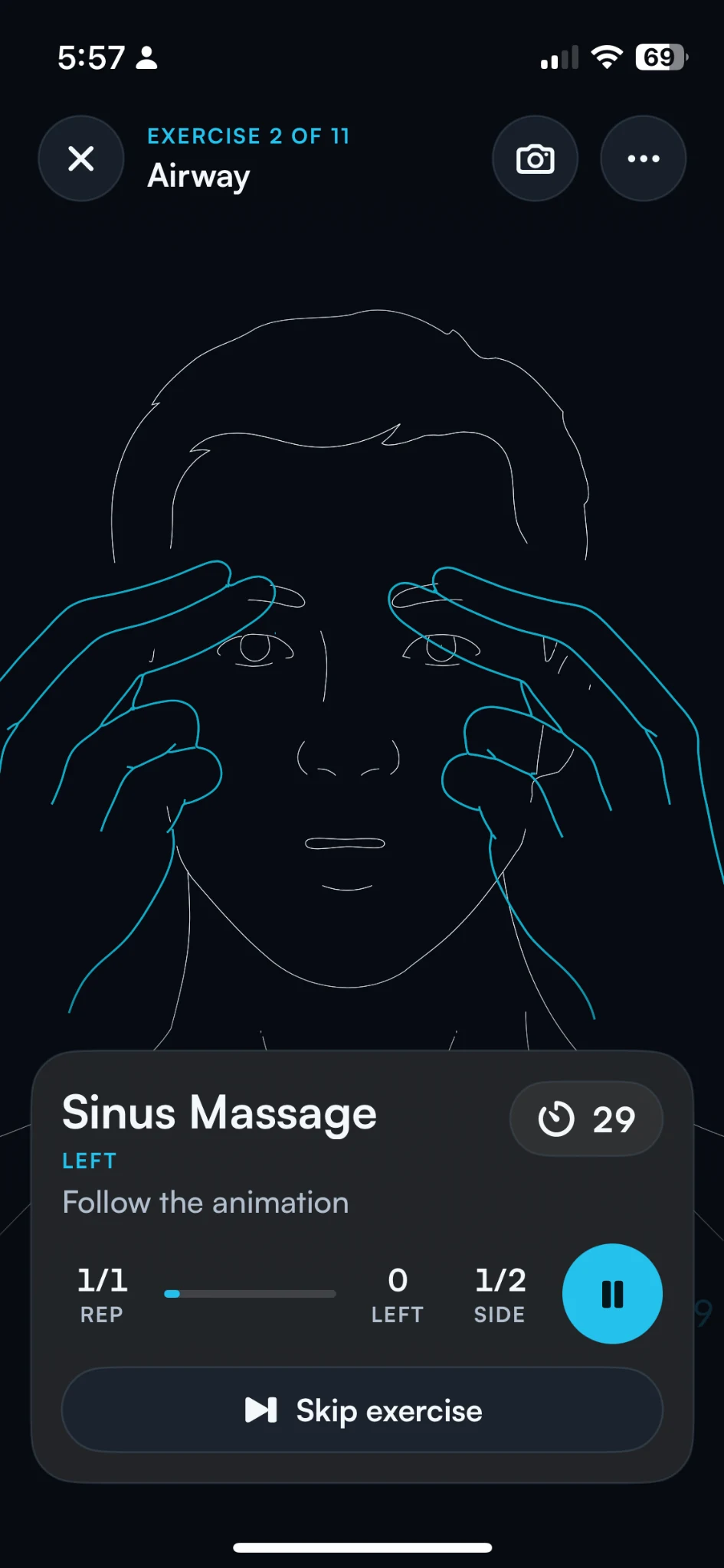 Night & Air Sinus Massage exercise screen with an illustrated movement and guided session controls.