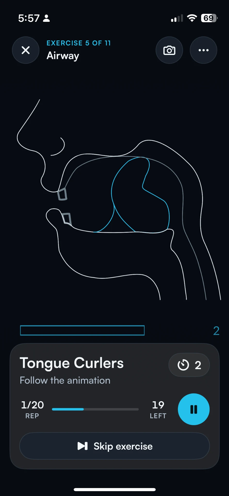 Night & Air Tongue Curlers exercise screen with an illustrated movement and guided session controls.