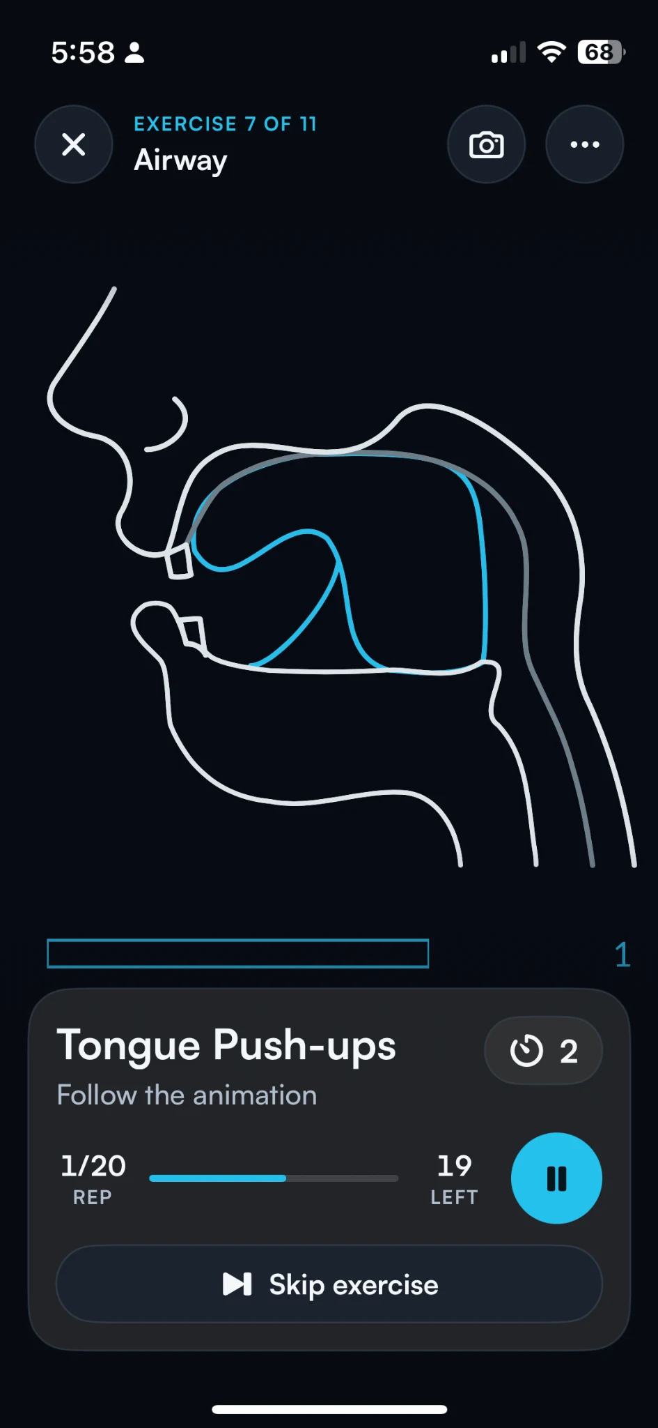 Night & Air Tongue Push-ups screen with an illustrated tongue movement and guided controls.