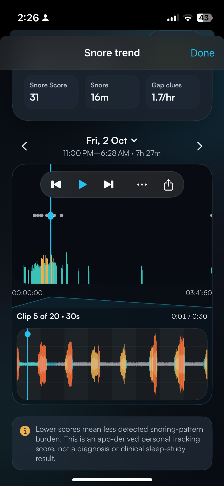 Night & Air Night graph showing detected snoring across the recording